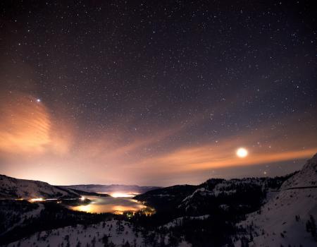 Starry night at Donner Lake in California