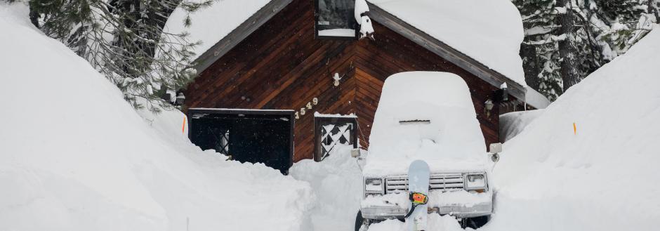 Tahoe vacation rental covered in snow during a blizzard